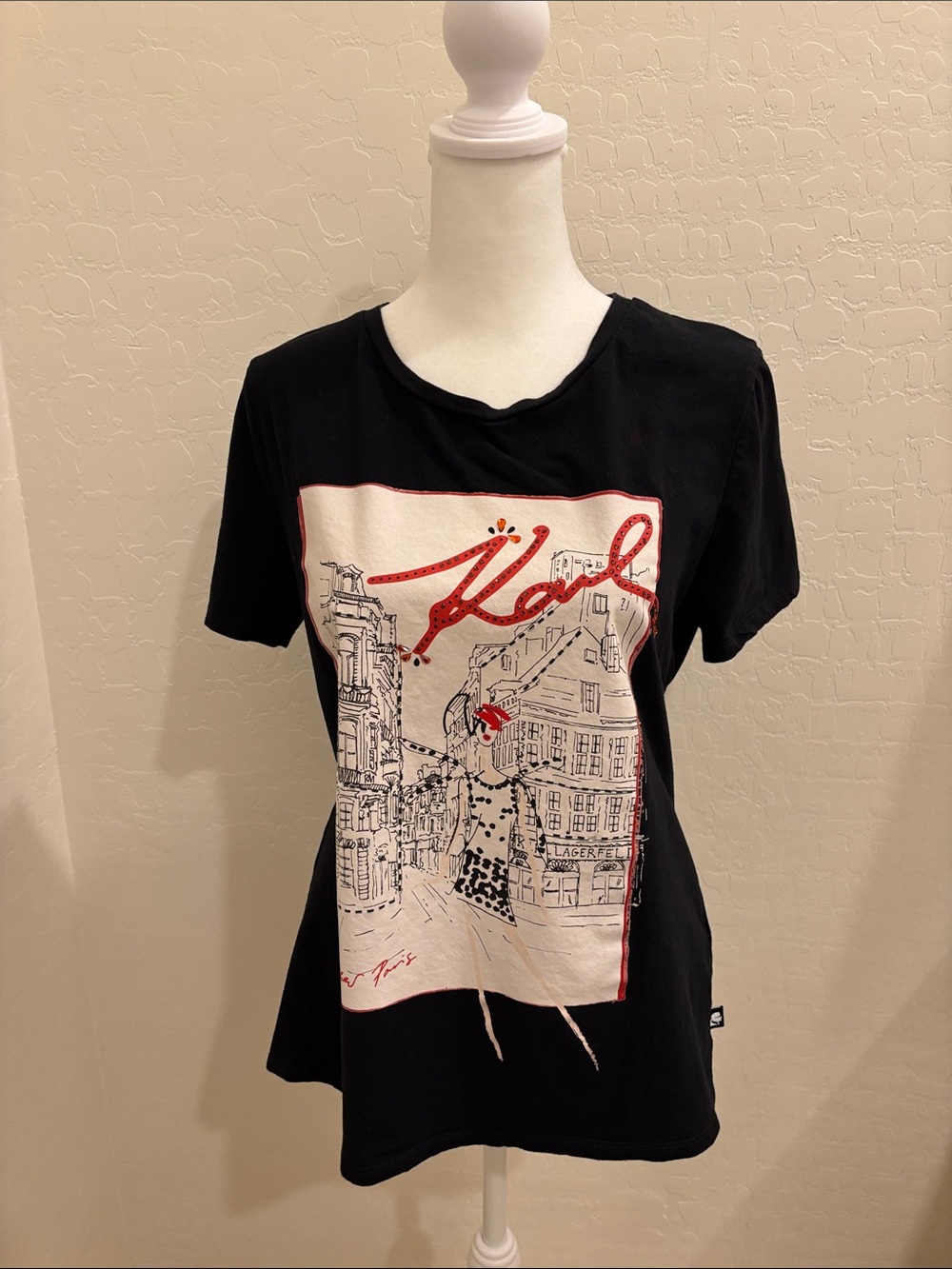 Karl Lagerfeld Paris Women’s Black Tee with Red Accent Graphic